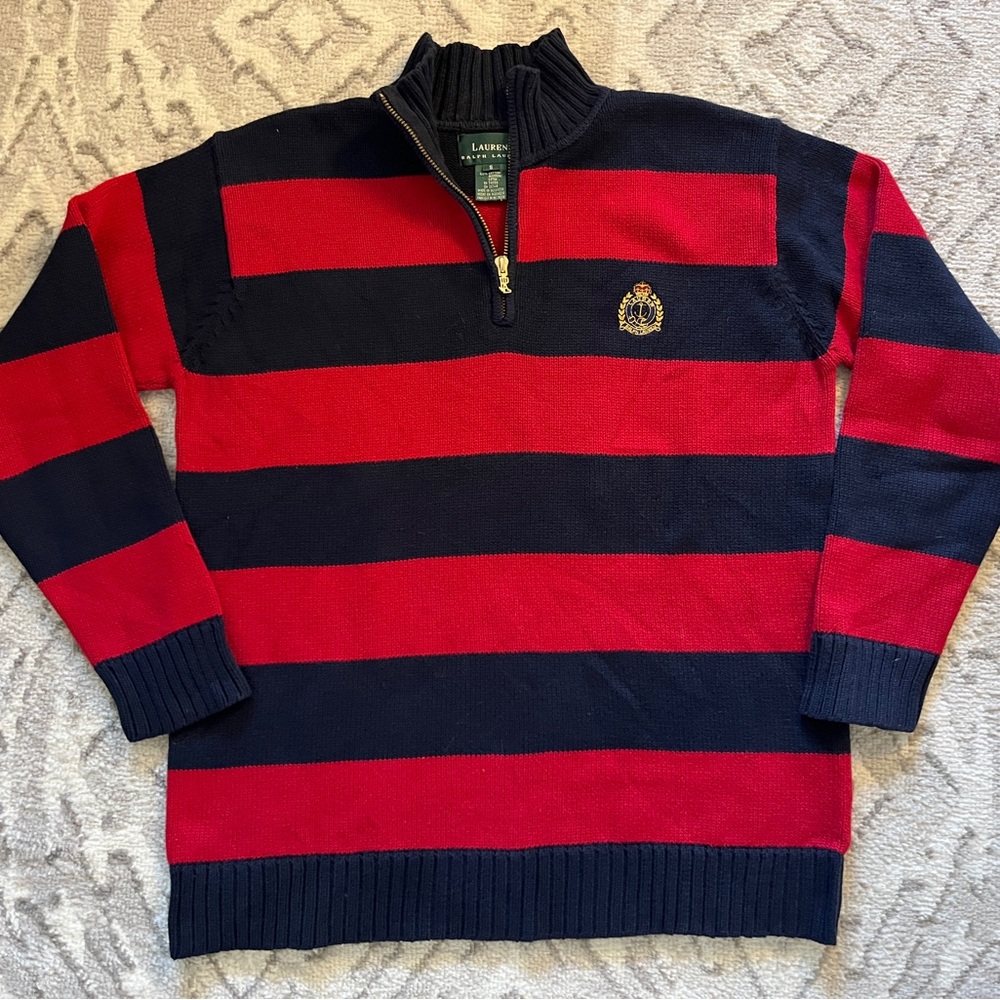 Lauren Ralph Lauren Red and Navy Striped Half-Zip Sweater